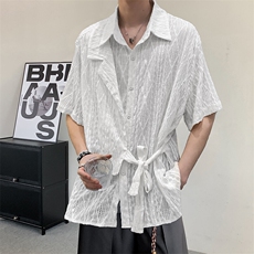 夏季民族服装复古小众提花镂空肌理男女新中式绑带设计短袖衬衫，男装衬衫，星座909