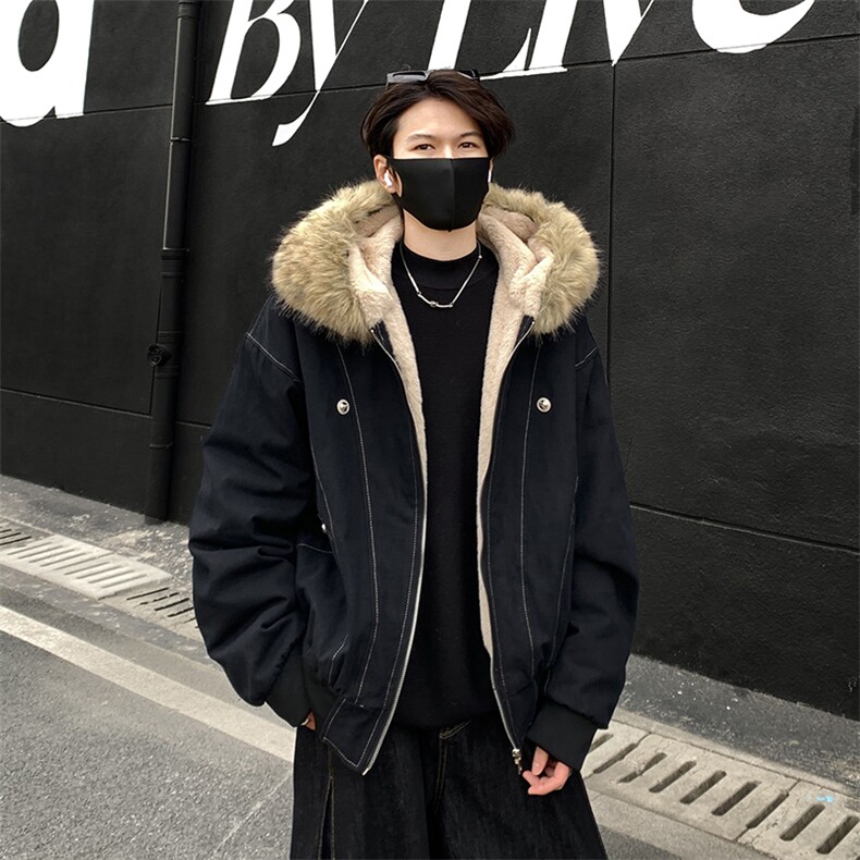 现货重磅boxy短款棉衣座山雕大毛毛领男女棉服水洗工装厚外套，男装棉衣，电商A443