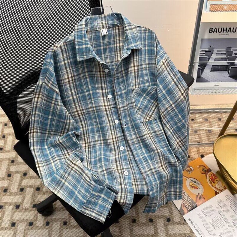 蓝色男友风格子衬衫春秋秋季新款韩版男装休闲单排扣盐系上衣潮,男装衬衫,星座1013
