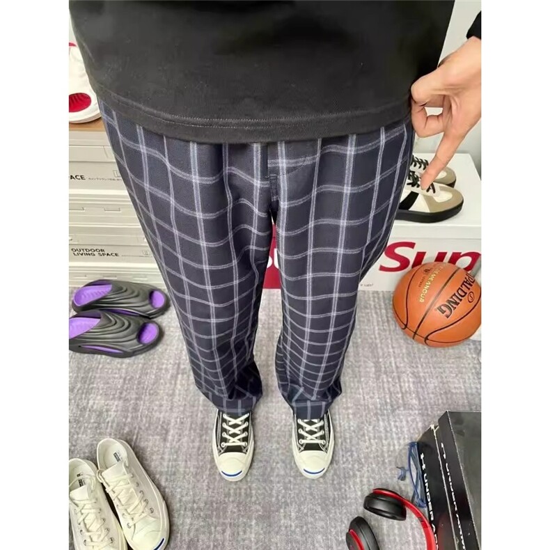 美式复古格子裤男夏薄款cleanfit裤子潮牌痞帅运动休闲直筒微喇裤图片