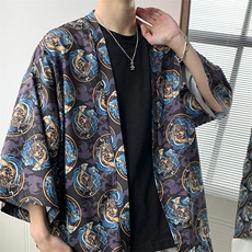 夏装大码风港风外套半袖开衫薄款道袍披风汉服中性风F12/P40，男装T恤，钱塘713