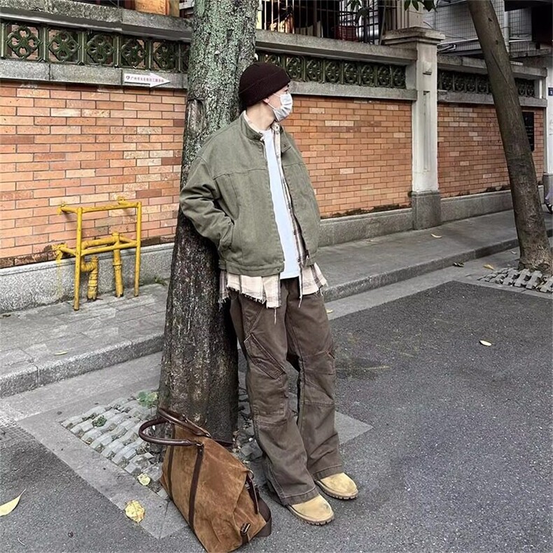 美式复古水洗帆布牛仔外套男春秋款设计高级感宽松立领哈灵顿夹克,男装夹克,星座506A