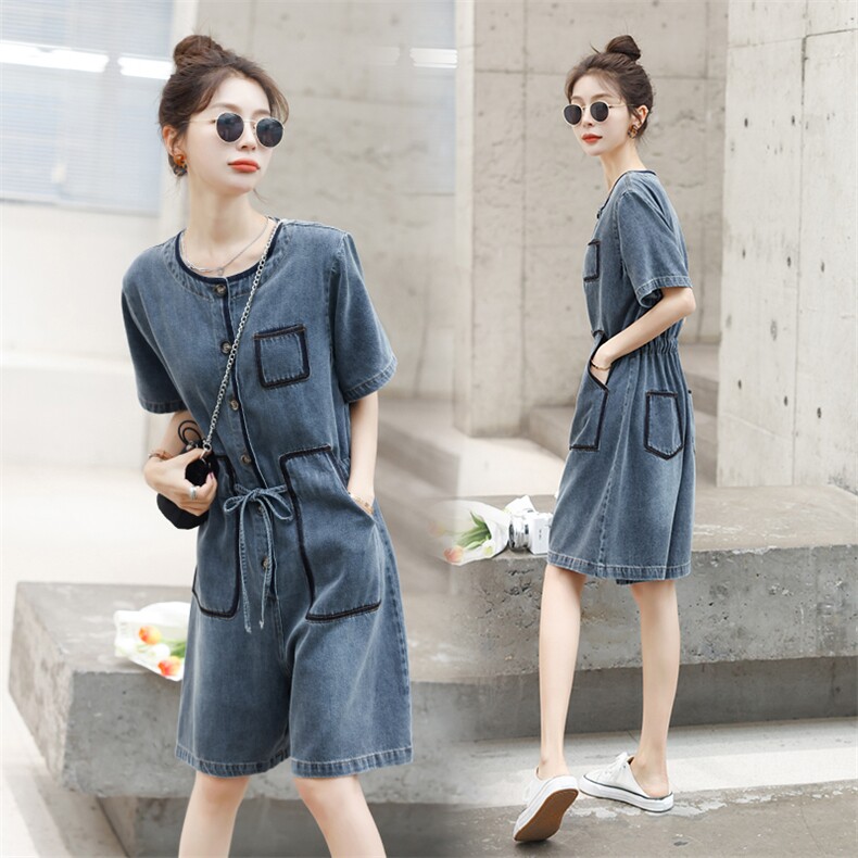 时尚显瘦牛仔连体裤女夏季新款宽松高腰短袖休闲裤百搭学生装，女装连体裤，秋水欣儿