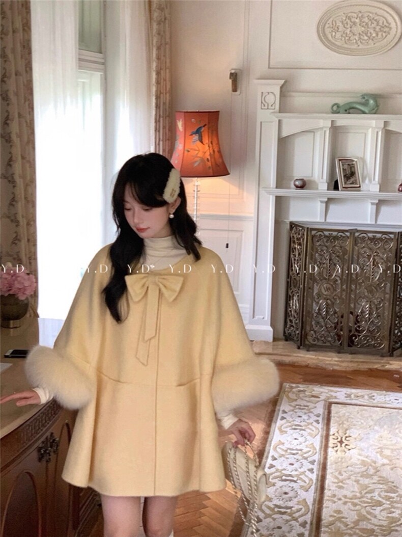 【依嘟】蝴蝶结狐狸毛围脖富家千金高级感羊毛外套(配可拆真狐狸,女装双面呢大衣,依嘟服饰