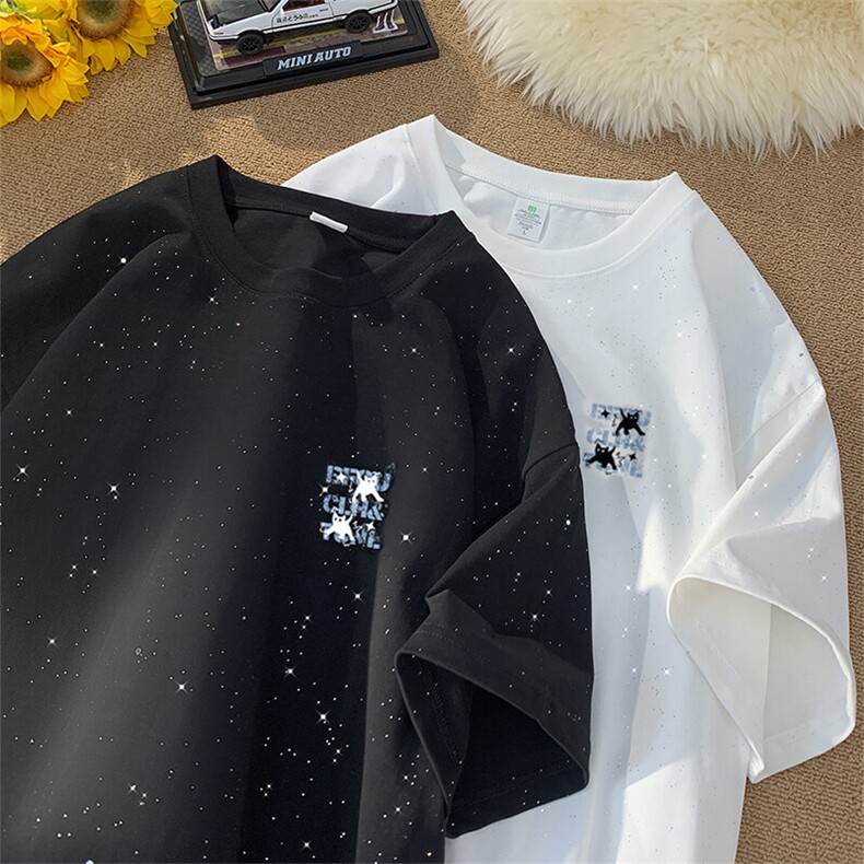 可48小时发货支持抖音得物来样二开美式满天星亮片短袖T恤MTX667,男装T恤,电商A486