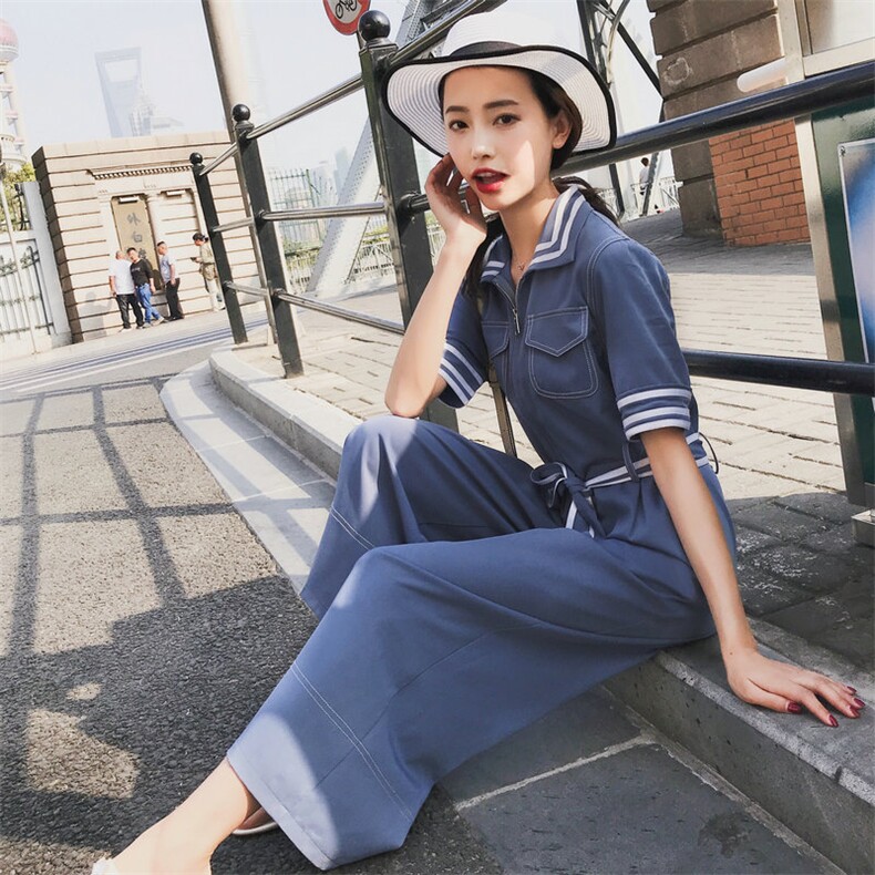 蓝色工装连体裤女2024年夏季新款韩版高腰显瘦阔腿裤连衣裤子,女装连体裤,依依服饰