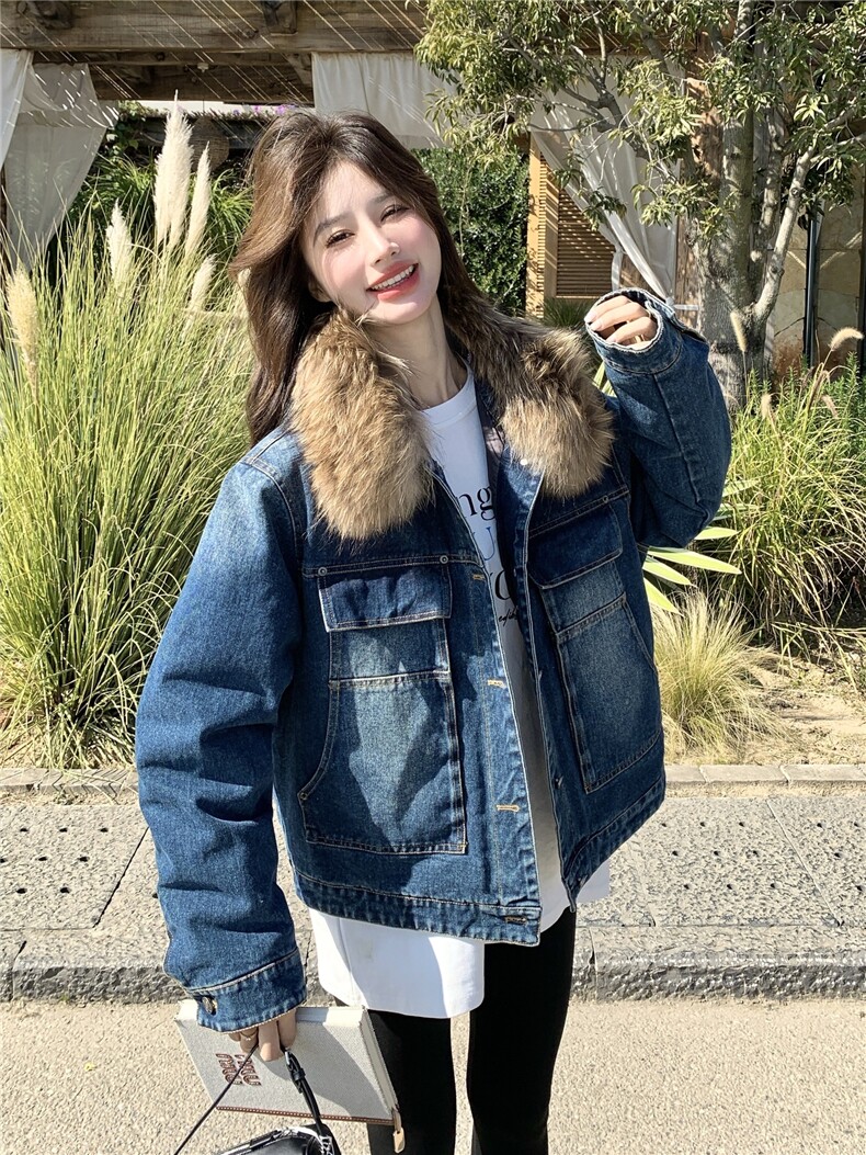 美式复古毛领羽绒内胆牛仔外套女中长小个子派克新款2025年冬季,女装羽绒服,艾米莉亚