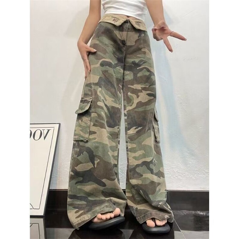 欧美辣妹迷彩工装裤男女夏季设计感字母翻边宽松阔腿直筒休闲裤图片