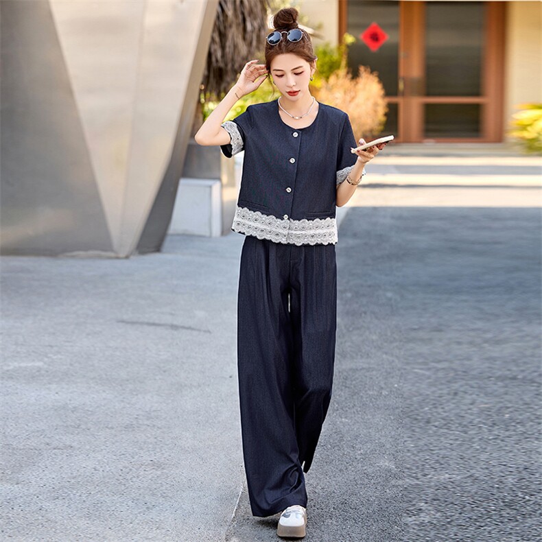 法式时尚蕾丝拼接套装女2025夏新款高级感韩系气质穿搭阔腿裤套装,女装套装/套裙,韩宇舍