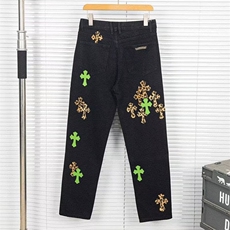 潮流欧货潮牌克罗经典彩色十字架拼皮牛仔裤男女同款时尚裤NZ7075，男装皮裤，星座516A