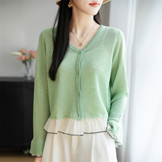 小香风微透防晒蕾丝开衫女夏外搭短款显瘦配吊带裙木耳边披肩罩衫，女装蕾丝衫/雪纺衫，菲奥羊绒