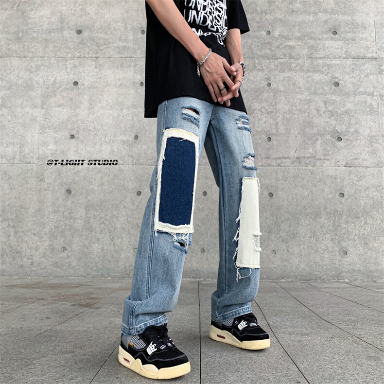 B221美式ins高街小众个性乞丐裤直筒破洞牛仔裤LK23099-P65控88,男装牛仔裤,电商B221