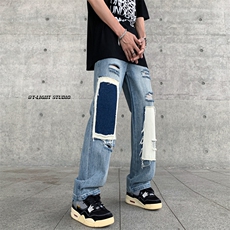 B221美式ins高街小众个性乞丐裤直筒破洞牛仔裤LK23099-P65控88，男装牛仔裤，电商B221