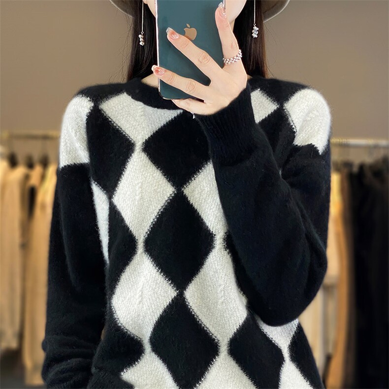 秋冬圆领加厚100%纯羊毛衫女菱形拼色针织毛衣宽松羊绒衫长袖上衣，女装羊毛衫，秋虹羊绒