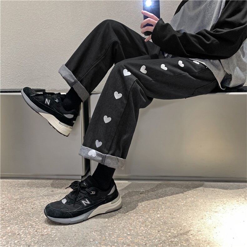 爱心刺绣牛仔裤男宽松直筒2023新款裤子N01812-P45图片