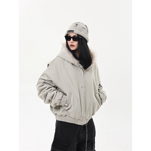 现货高品质美式高街冬季重磅硬挺短款座山雕毛领棉衣男女加厚外套图片