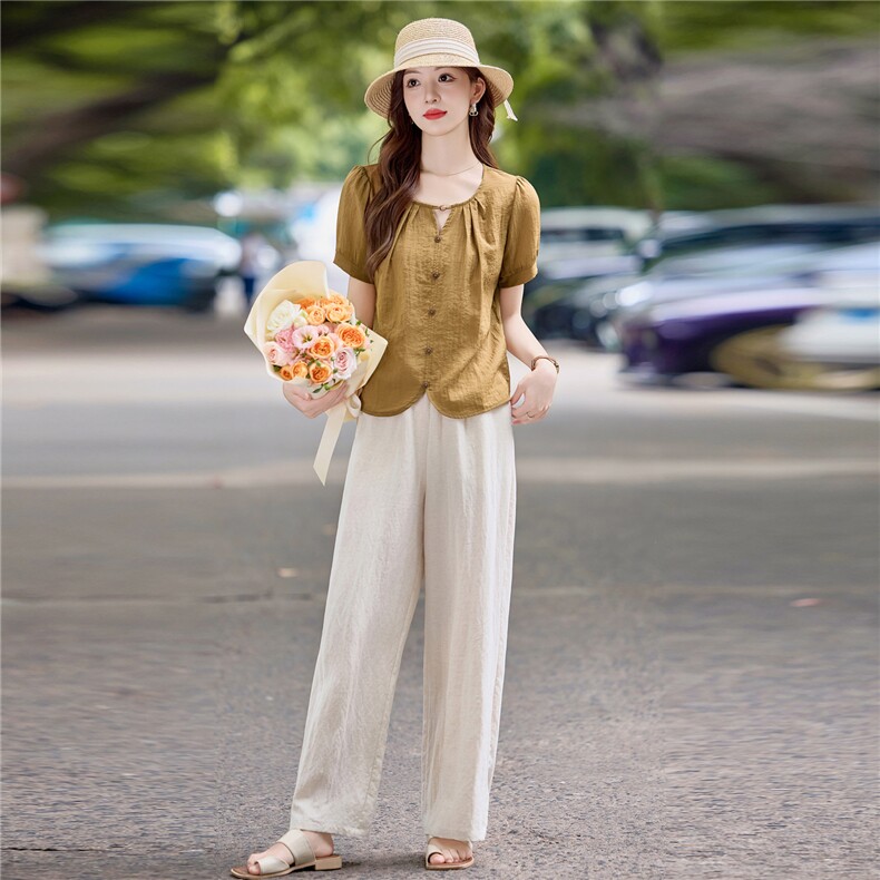 夏季时尚薄套装女2025新款宽松大码短袖衬衫上衣休闲阔腿裤两件套,女装套装/套裙,依万里