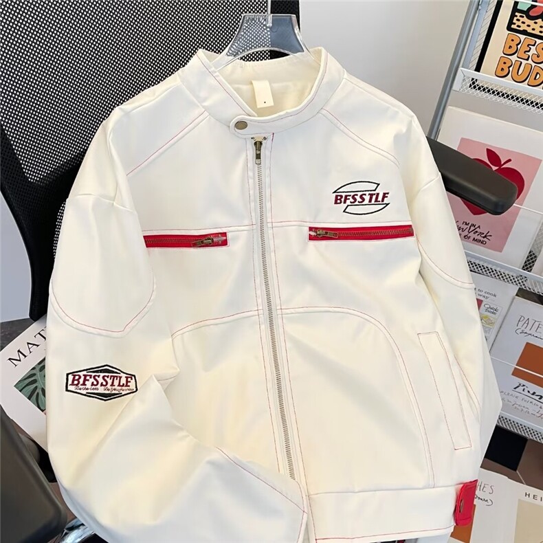 美式高街白色立领pu皮衣外套男士春秋百塔机车服夹克W6710/P66,男装夹克,星座506B