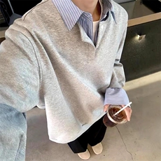 抖音得物高品质26春装美式高街假两件衬衫领长袖卫衣POLO领打底衫，男装T恤，电商A486