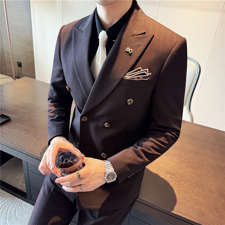 秋冬主推~厚款暗条纹色织高档双排扣西装三件套西服SJT8068-P295,男装西服,电商A213