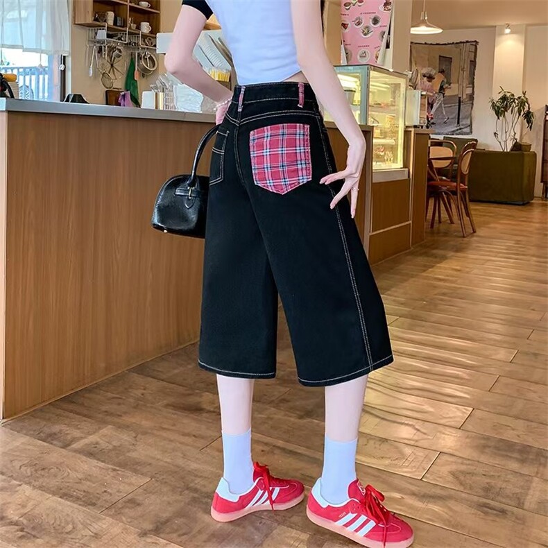 美式复古格子拼接牛仔裤七分裤女炸街宽松中裤黑色短裤图片