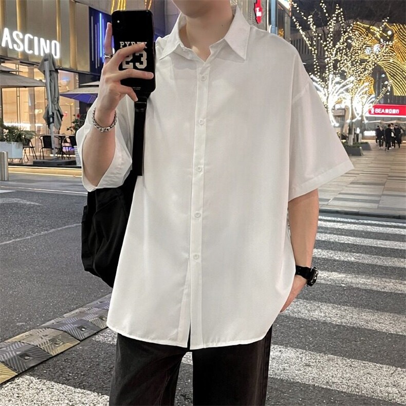 少年感穿搭白色短袖衬衫男款高级感学院风dk制服cleanfit衬衣外套,男装衬衫,星座506