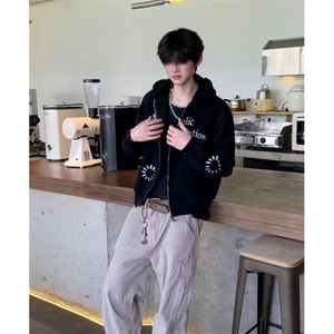 美式复古连帽卫衣男女同款字母印花情侣开衫外套宽松 WY02图片