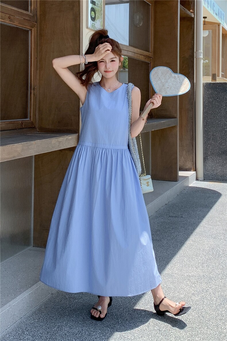 蓝色小清新温柔风无袖连衣裙女夏季2025年新款韩系ootd穿搭背心裙,女装连衣裙,2C159