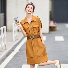 时尚休闲翻领工装风连衣裙女2025夏季新款小个子宽松显瘦短袖裙子，女装连衣裙，美沁
