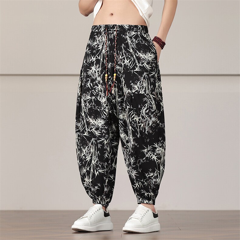 春夏薄款休闲裤男风竹子印花束脚哈伦裤潮宽松灯笼裤AK17P45，男装休闲裤，星座220-2