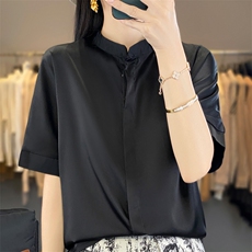 真丝衬衫女上衣2025年春夏装新款大码短袖时尚设计感纯色气质衬衣，女装衬衫，朝贺羊绒