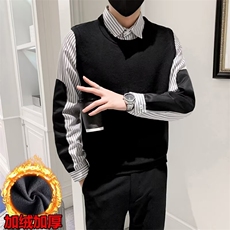 秋冬英伦男士修身复古假两件针织衫韩版毛衫拼接衬衫领外套，男装针织衫/毛衣，星座1013