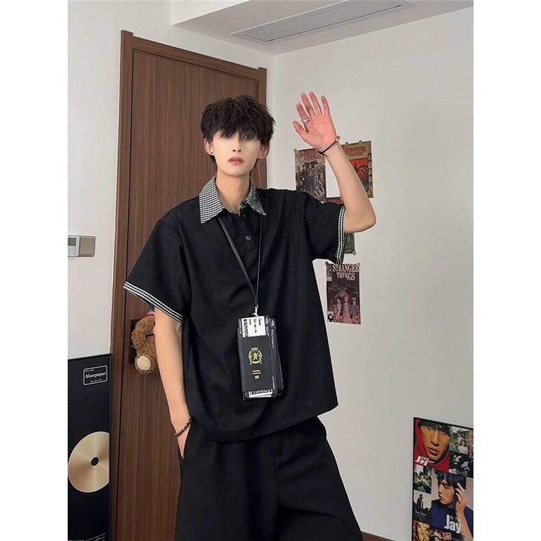 cleanfit假两件polo领短袖男款美式高街黑色T恤青少年五分半截袖,男装T恤,星座601-1