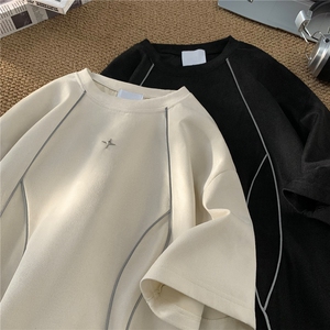 夏季新品 设计感美式高街鹿皮绒反光条情侣短袖上衣男 H935 P35图片