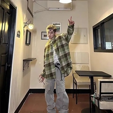 网络图现货！潮牌撞色拼接宽松翻领格子长袖衬衫RTT04-P45，男装衬衫，星座1005-6