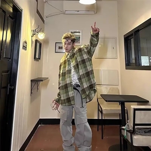 网络图现货！潮牌撞色拼接宽松翻领格子长袖衬衫RTT04-P45图片
