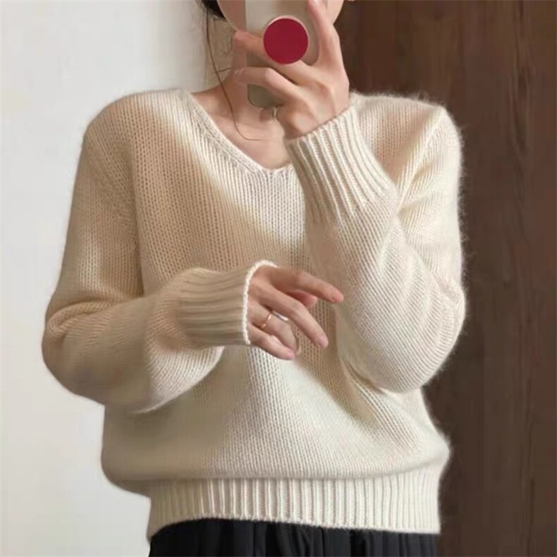 秋冬新款V领宽松显瘦气质百搭羊毛衫,女装羊毛衫,梵泰羊绒