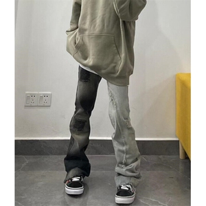 嘻哈设计水洗拼接毛边牛仔裤男女撞色补丁时尚休闲裤 NK7015图片