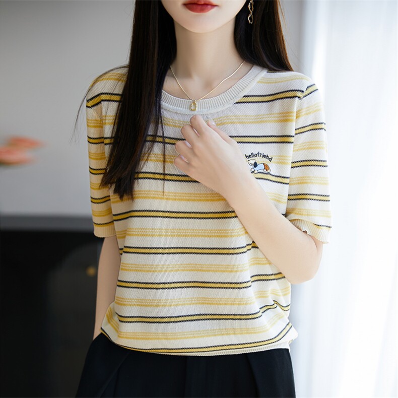 100%莱赛尔天丝针织短袖女圆领条纹刺绣小狗宽松T恤拼色显瘦上衣,女装T恤,郡淞羊绒
