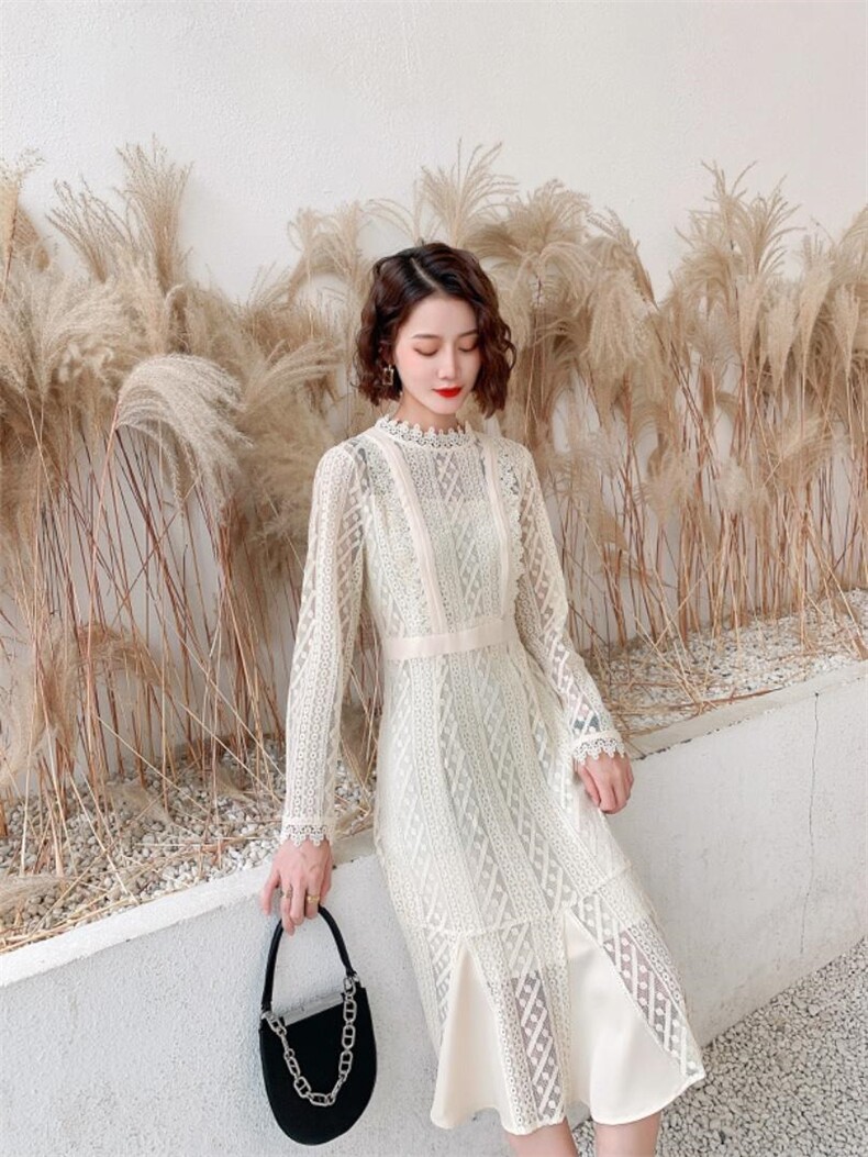 秋冬新款百搭中长款高领蕾丝连衣裙，女装连衣裙，荷塘月色