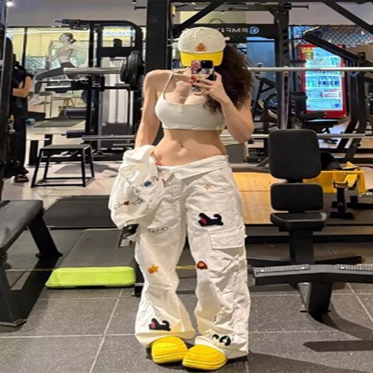 设计感刺绣小狗白色裤子女牛仔美式宽松阔腿直筒休闲工装裤,男装工装外套,星座218-8