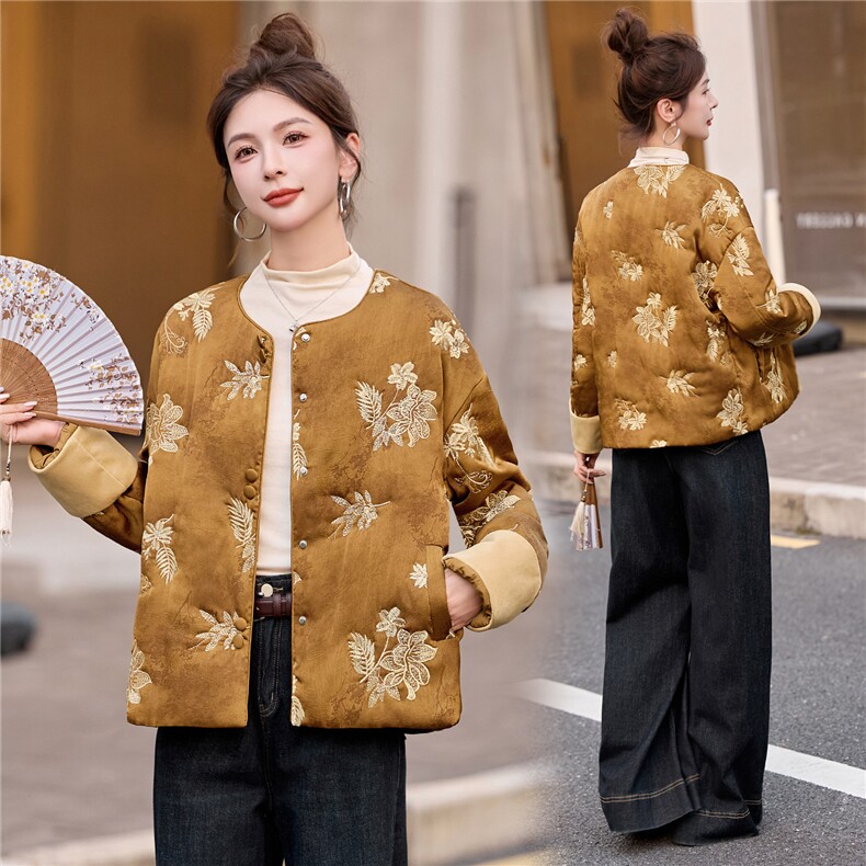 2025冬装新款刺绣优雅轻薄棉衣,女装棉衣/棉服,伊仟回