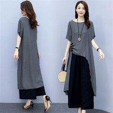 2021夏季新款简约优雅时尚气质圆领显瘦休闲舒适两件套，女装套装/套裙，香香