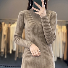 半高领修身抽条设计羊毛连衣裙显瘦百搭长袖针织裙气质女装秋冬季，女装连衣裙，狄美羊绒