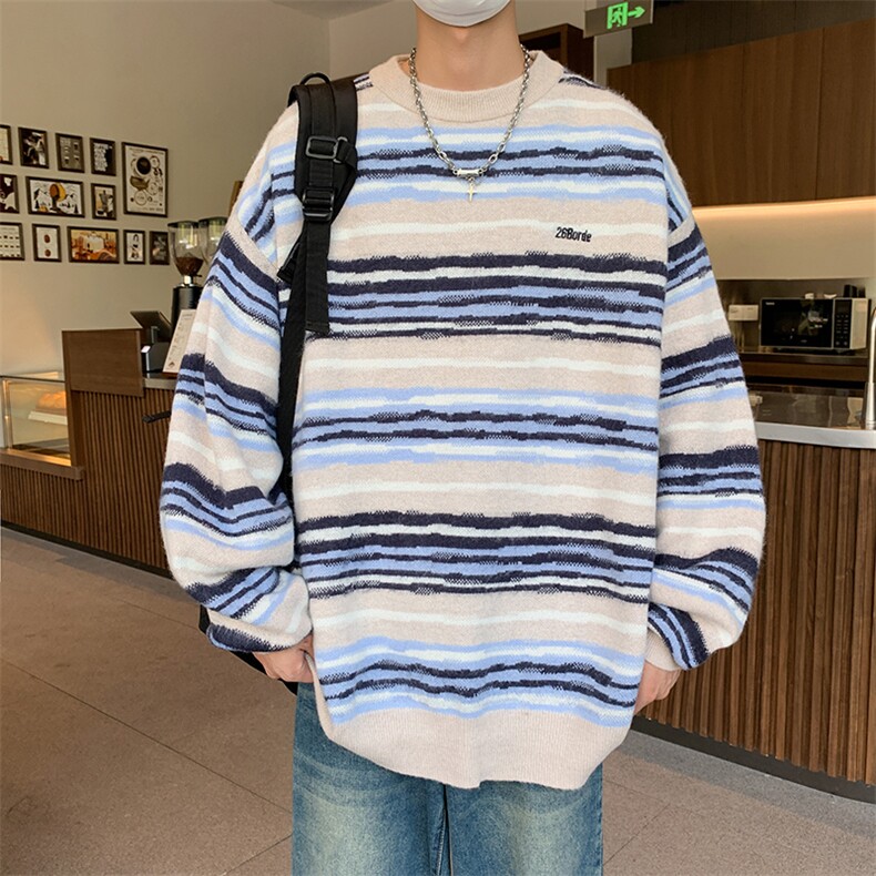 潮牌秋季情侣街头嘻哈宽松休闲彩色条纹外套毛衣NY05603-P52,男装针织衫/毛衣,星座308B-1