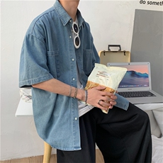 牛仔衬衫男韩版潮流学院风短袖衬衣ins超火百搭宽松外套CS05-P40，男装衬衫，星座1008