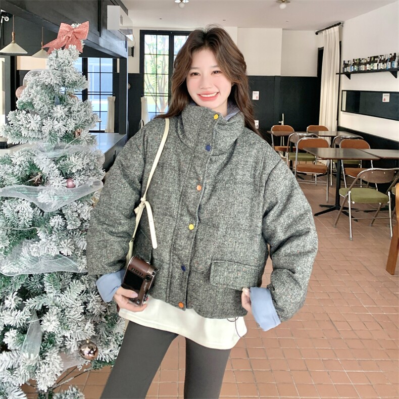 韩系灰色撞色短款羽绒服外套女冬2025新款设计保暖白鸭绒气质外套，女装羽绒服，艾米莉亚