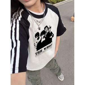 抖音得物品质二开240克宽松纯棉美式潮牌插肩三杠织带短袖T恤图片