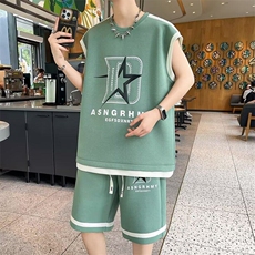 两件套套装男士无袖T恤字母帅气百搭2025夏季ins短裤W6564-P69，男装休闲套装，星座412-2