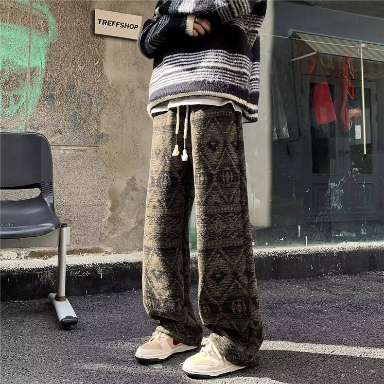 针织脏脏风裤子男款秋季民族风提花阔腿裤美式加厚休闲裤A662/P52，男装休闲裤，星座506